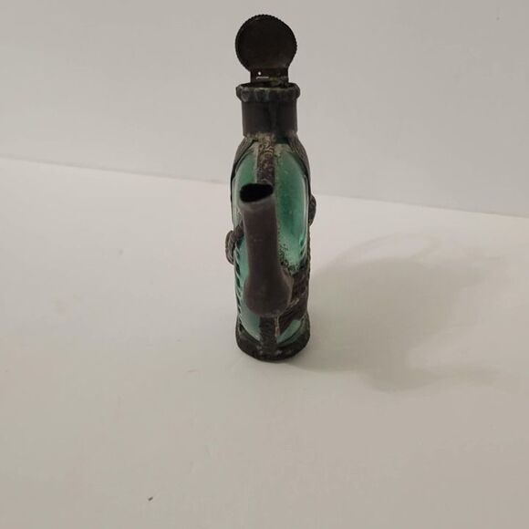 Vintage Emerald Green Glass Decanter Bottle with Ornate Aluminum Holder Teapot - Picture 6 of 9